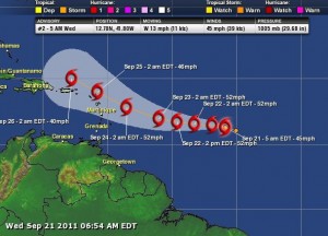 Tropical Storm Ophelia moves westward