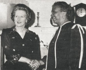 Late PM of Dominica Eugenia Charles with Margaret Thatcher during a visit to London. Photo courtesy of Dr. Lennox Honychurch