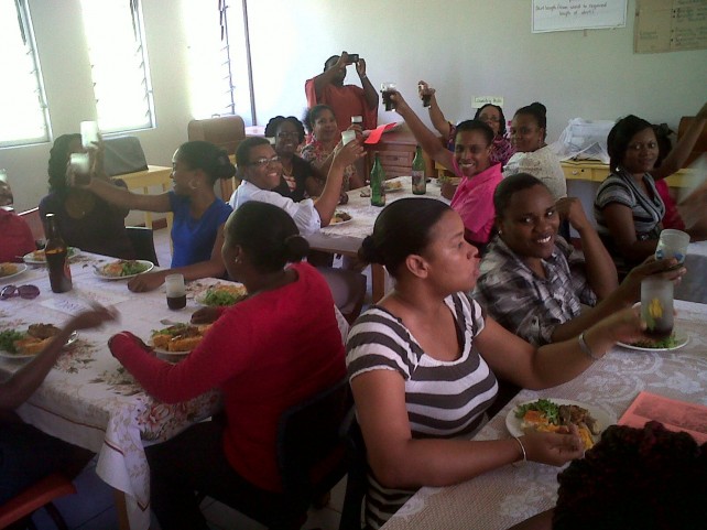 The female teachers at PCSS enjoying their surprise luncheon