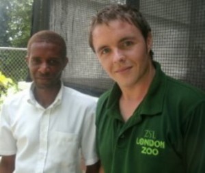 Luke Harding (right) and Machel Sulton Dominican Mountain Chicken Project breeding facility