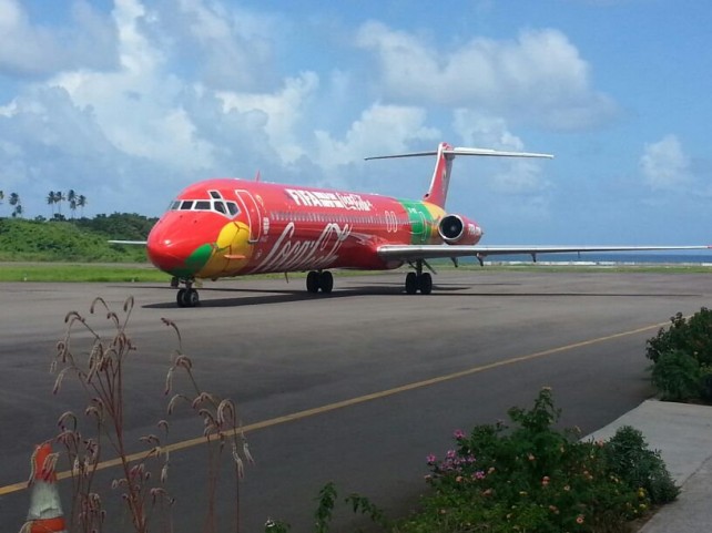 The plane carrying the trophy at the Melville Hall Airport