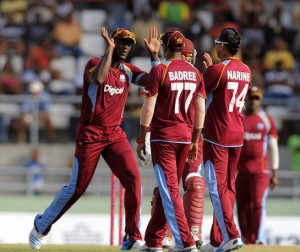 Windies celebrate a wicket at the Windsor Park on Sunday 