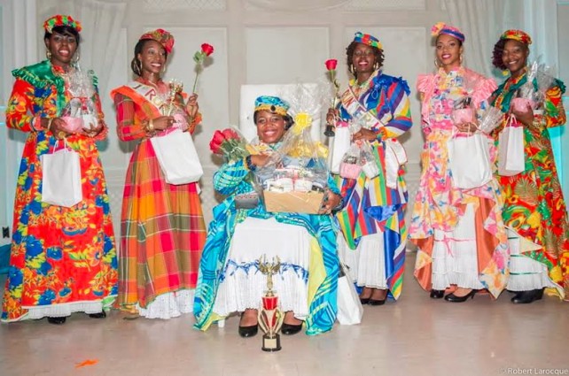 The contestants from left to right: Usline Anthony-Rivere Cirique, Shani Haynes- Massacre (1st runner up), 2014 Madame Wob Dwiyet Canada Tyria Benjamin -Wesley, Wendy Charles- Grand Bay (2nd runner up),Chirysh Dupie-Bense/Anse De Mai, Saran George-Pointe Mitchel. 