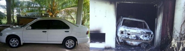 Shillingford's car before it was stolen (left) and after it was found burnt