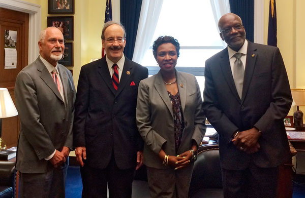 From left, Barbados Ambassador John E. Beale, Congressman Eliot Engel, Congresswoman Yvette D. Clarke and Amb. Hubert J. Charles of Dominica. Photo: Caribbean Life 