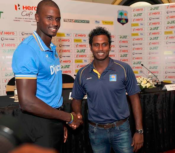 West Indies captain Jason Holder is greeted by Sri Lanka captain Angelo Mathews. Photo: WICB