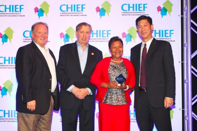 From left: William “Bill” Clegg, Regional Vice President, Franchise Services & Programs, Choice Hotels; Frank J. Comito, CEO and Director General, CHTA; Daryl Aaron, Resort Manager, Rosalie Bay Resort; Emil Lee, President, CHTA and General Manager, Princess Heights. Photo by CHTA