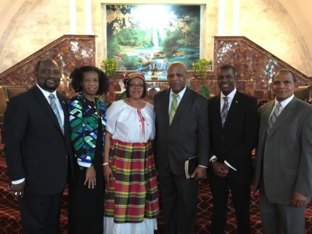(Left to Right): Pierre Eddy Laguerre, Pastor of the Mount Vernon Seventh-day Adventist Church, and his wife Dr. Jacqueline Laguerre, joined DASUS President Beryl R. Williams (in national dress) and William E. Bellot, DASUS Vice President (far right), in welcoming Dominica Day guest speaker Pastor Samuel Telemaque,  Director of Sabbath School, Adventist Mission, Special Needs Ministry for the Inter-American Division of Seventh-day Adventists, and His Excellency Dr. Vince Henderson, Dominica’s Ambassador to the United Nations.  