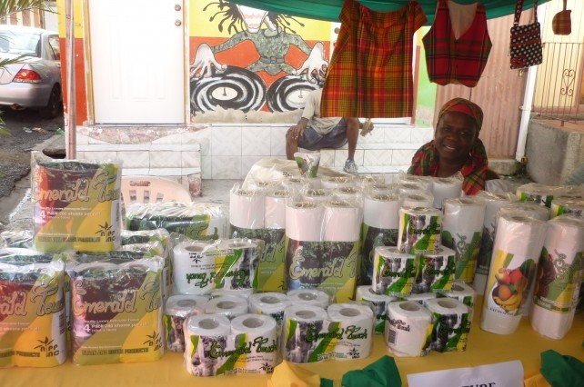 Locally made toilet paper and paper napkins on display at a trade expo in Dominica 