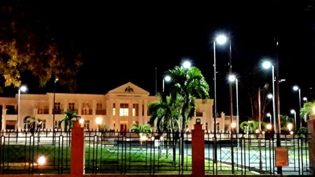 The State House at night 