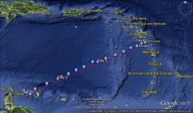 A map of the ship's voyage to Dominica 