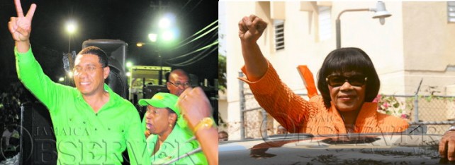 Jamaica Labour Party Leader, Andrew Holness (right), People's National Party Leader Portia Simpson-Miller. Photos: Jamaica Observer 