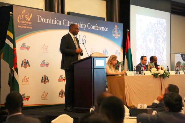 PM Skerrit addressing a Dominica Citizenship Conference in the UAE recently 