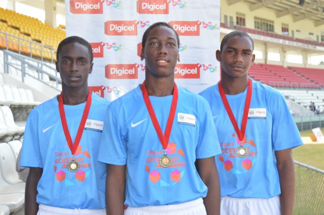 The top three players from the Dominica leg of the Digicel Kickstart Clinic. From left to right: Jomiah Timothy, Kiano Martin and Perry Charles. The boys will join players from across the Caribbean and Central America at the week-long Digicel Kickstart Academy.