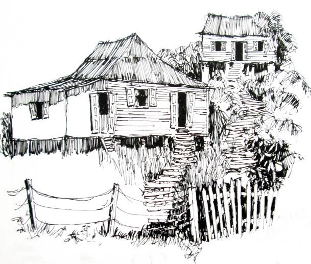Houses and Yards in Caribbean Sketches by Roger Burnett 