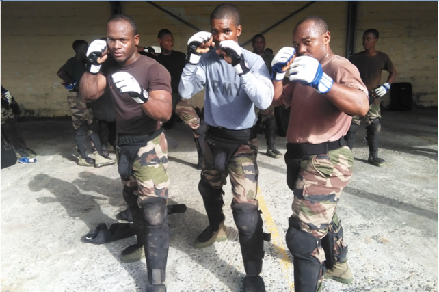 Sgts. Maj. Williams and Defoe along with Capt. Robinson in hand to hand combat posture