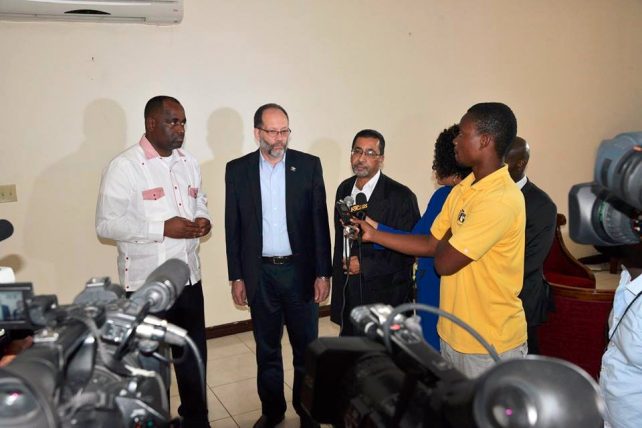 Caricom chairman, Roosevelt Skerrit and Caricom SG, Irwin LaRocque speak to the media in Haiti 