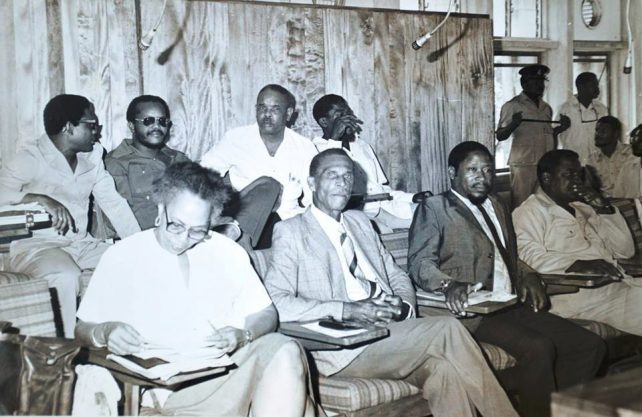 Victor Riviere stood by Patrick John and did not resign during the 29 May 1979 political crisis. Here he sits on the opposition benches with Patrick John in June 1979. Back row, second from left. Photo: Lennox Honychurch Collection