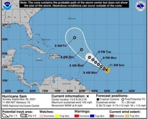 WEATHER UPDATE (6:00 AM, Sept 26): Category 4 Hurricane Sam still on course to pass north of Leeward Islands by Wednesday; public should continue to monitor