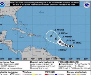 WEATHER UPDATE (12:00 PM, Sept 24): Scattered showers, thunderstorms, expected during next 24 hrs; Hurricane Sam projected to intensify