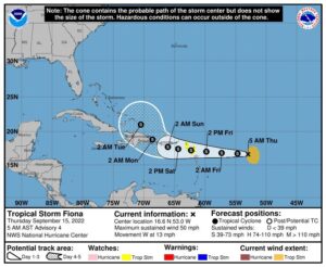 WEATHER (6:00 AM, September 15): Unstable conditions ahead of TS Fiona which is expected to pass north of Dominica on Friday