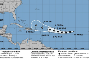 Tropical Storm Erin poised to become hurricane by Friday, likely to pass north of Leeward Islands by weekend