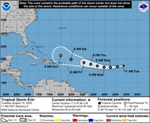 WEATHER: Tropical Storm Erin expected to become hurricane Thursday